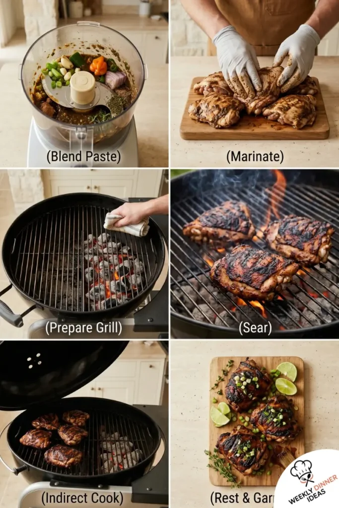 How to Make Grilled Jerk Chicken Thighs Step-by-step collage showing how to make Grilled Jerk Chicken Thighs from jerk paste to grilling and serving