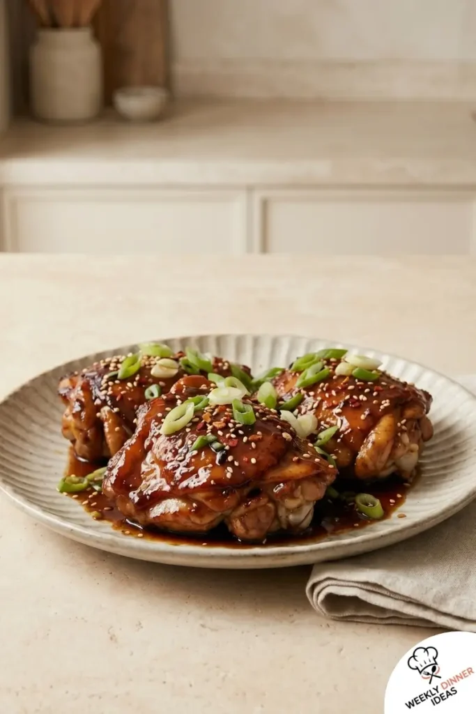 Final plated Hoisin Chicken Thighs with sticky glaze, green onions, and sesame seeds