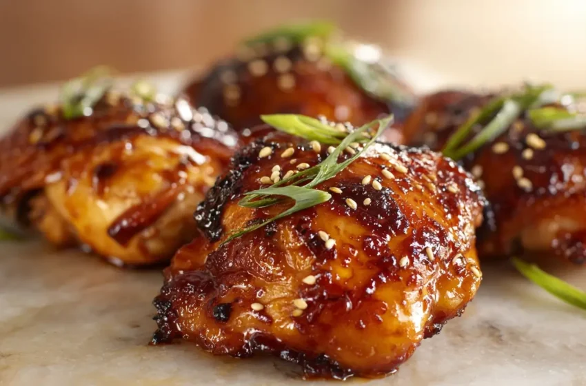 Hoisin Chicken Thighs with crispy skin and glossy sticky hoisin glaze