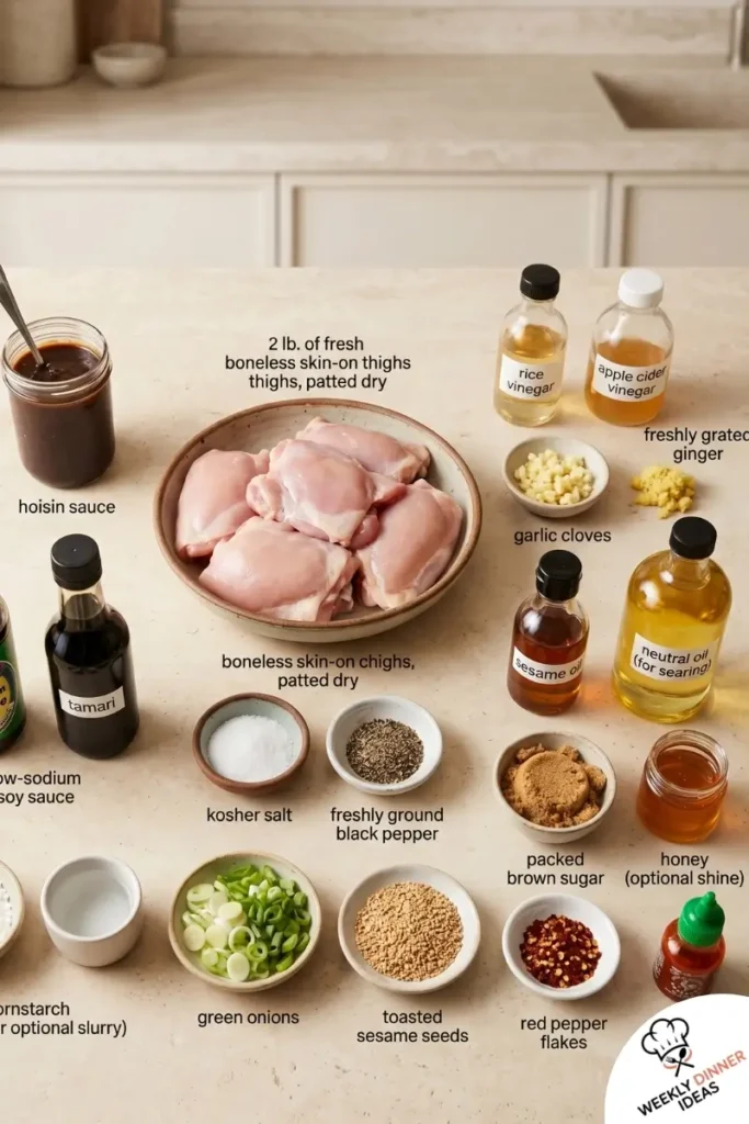 Ingredients for Hoisin Chicken Thighs including chicken thighs, hoisin sauce, soy sauce, garlic, ginger, sesame oil, green onions, and sesame seeds