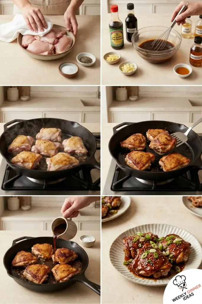Step-by-step collage showing how to make Hoisin Chicken Thighs from searing to glazing and serving