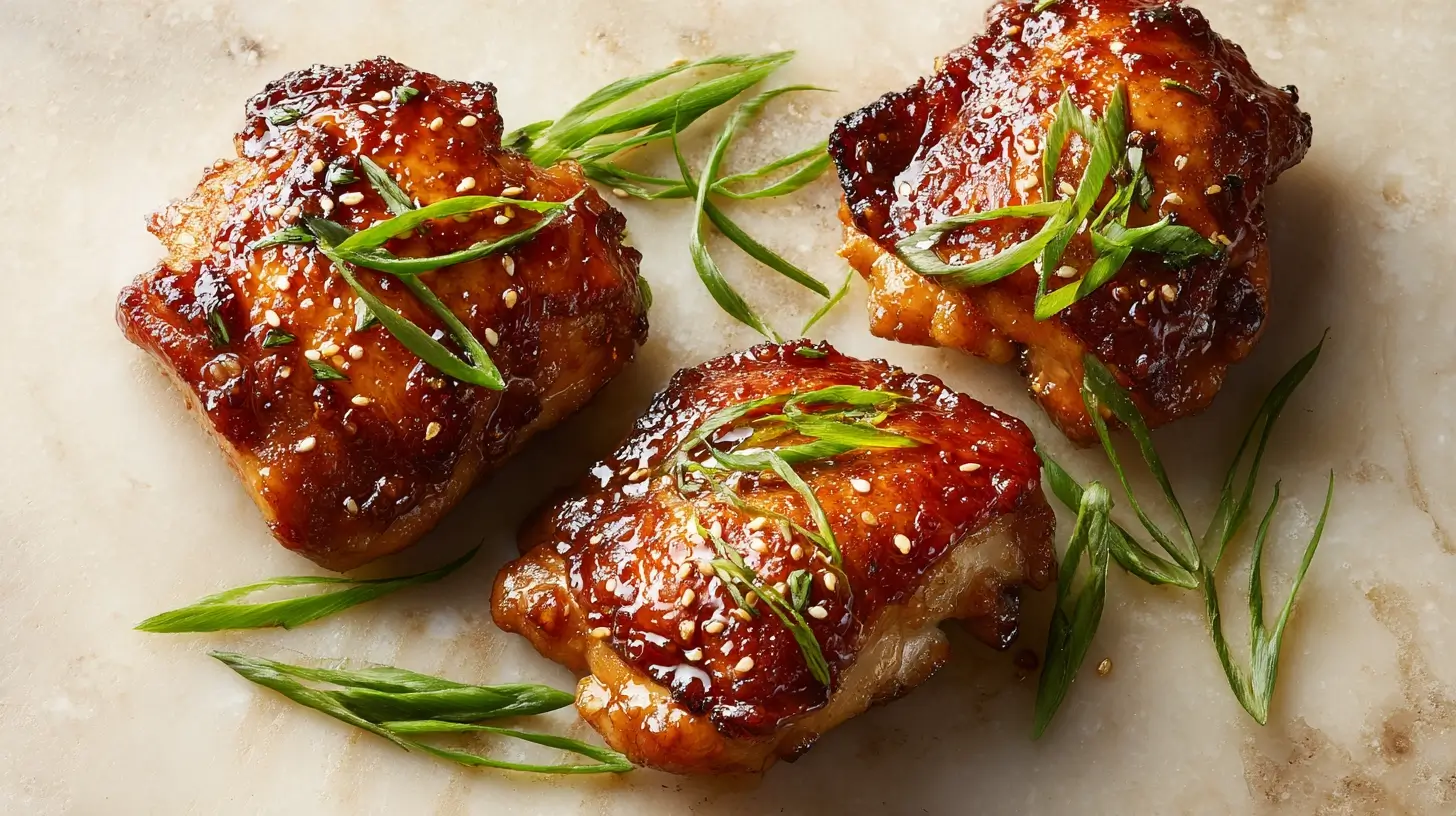 Square recipe image for Hoisin Chicken Thighs with glossy glaze and crispy skin
