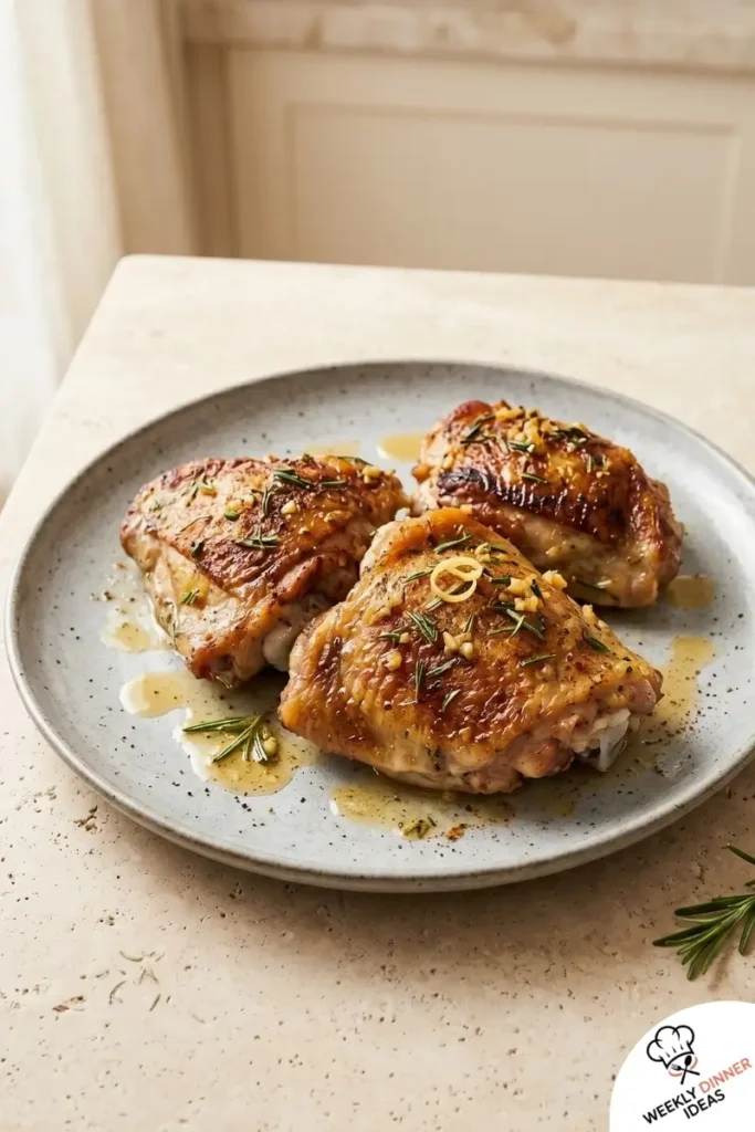 Final plated Rosemary Chicken Thighs with crispy skin, rosemary, garlic, and light pan juices