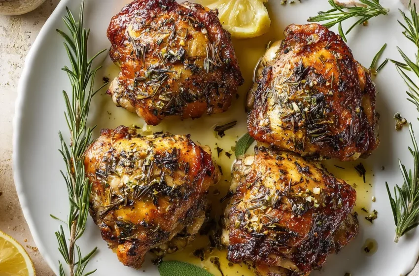 Rosemary Chicken Thighs with crispy golden skin, garlic, and fresh rosemary