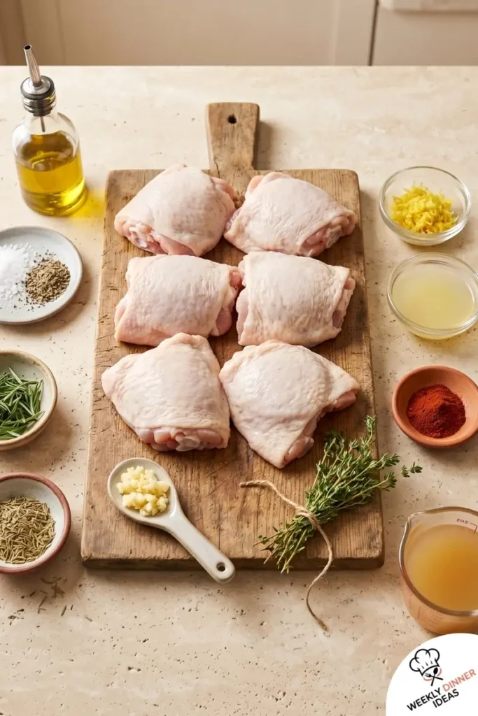 Ingredients for Rosemary Chicken Thighs including chicken thighs, rosemary, garlic, olive oil, lemon, thyme, paprika, and broth