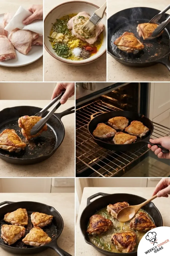 Step-by-step collage showing how to make Rosemary Chicken Thighs from seasoning and searing to roasting and resting
