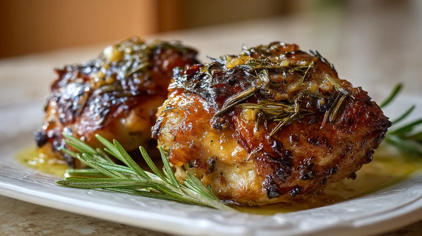 Square recipe image for Rosemary Chicken Thighs with crispy skin and rosemary garlic finish