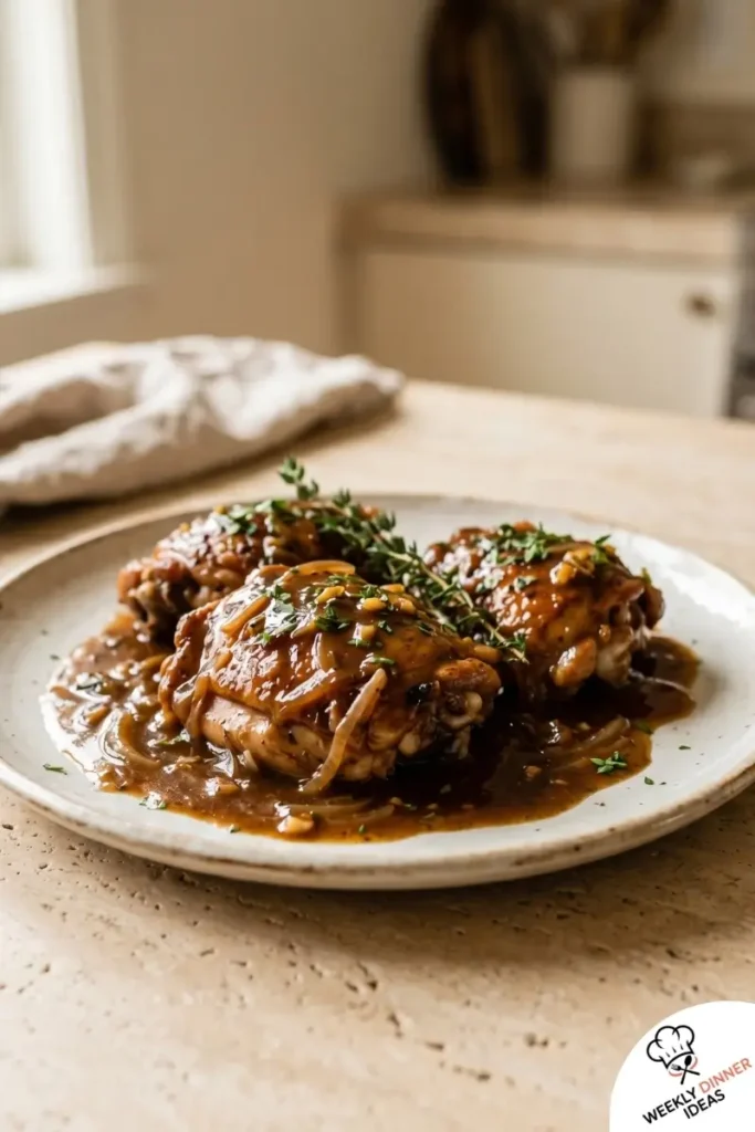 Final plated Slow Cooker Chicken Thighs and Gravy with rich glossy sauce and parsley