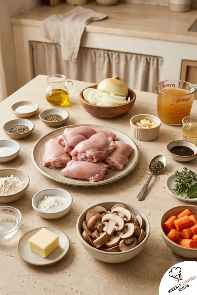 Ingredients for Slow Cooker Chicken Thighs and Gravy including chicken thighs, onion, garlic, broth, thyme, flour, mushrooms, and carrots