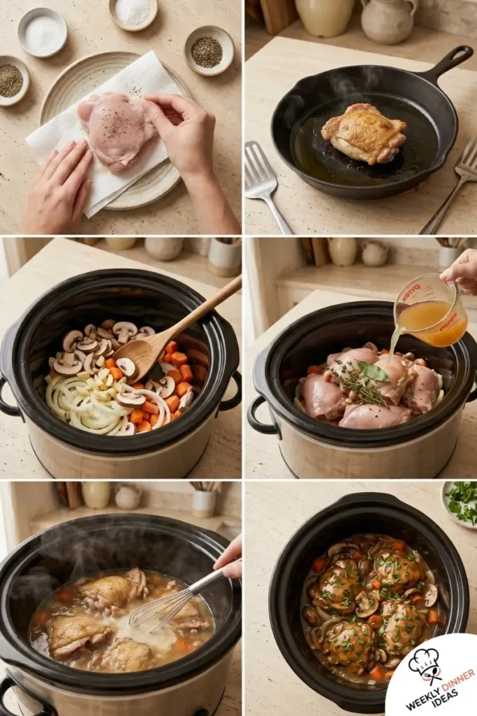 Step-by-step collage showing how to make Slow Cooker Chicken Thighs and Gravy from seasoning and slow cooking to thickening the gravy