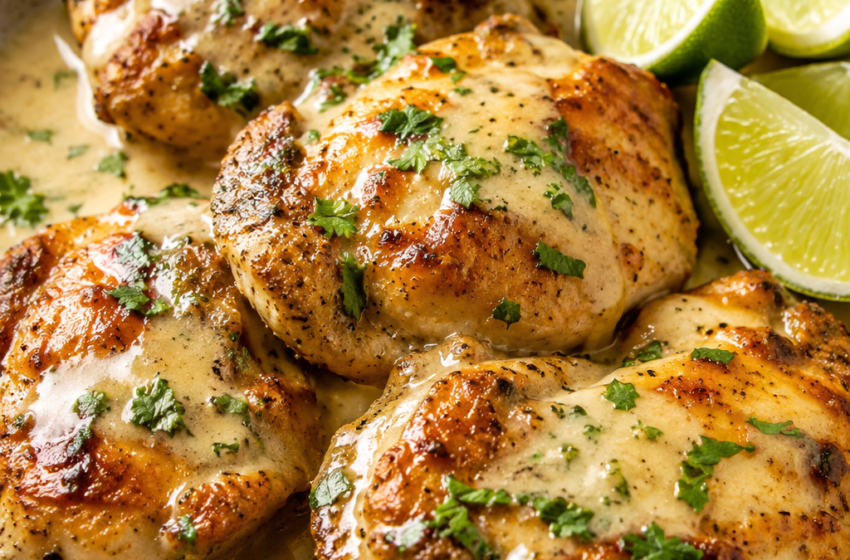 Coconut lime chicken thighs with golden seared edges, creamy coconut lime sauce, cilantro, and lime wedges.