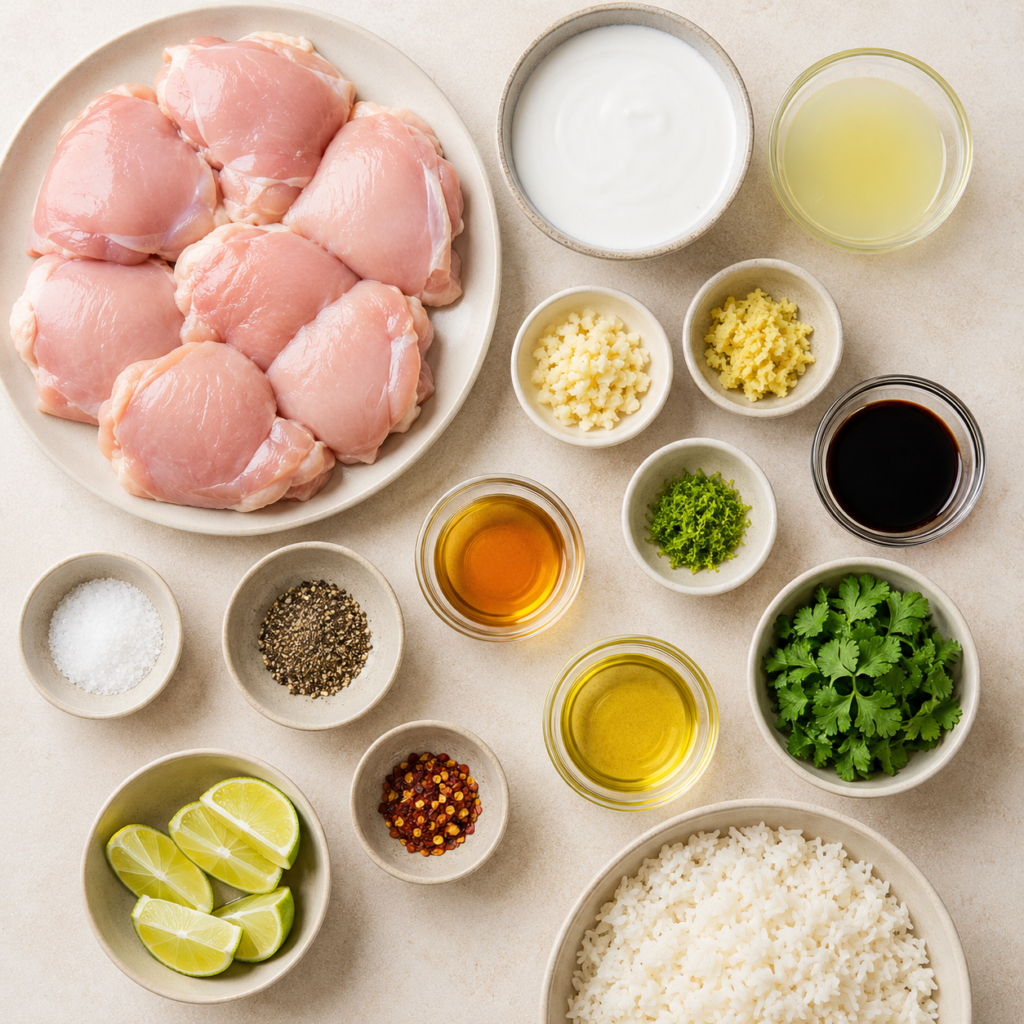 Coconut Lime Chicken Thighs Ingredients Ingredients for coconut lime chicken thighs including chicken, coconut milk, lime, garlic, ginger, soy sauce, cilantro, rice, and seasonings.