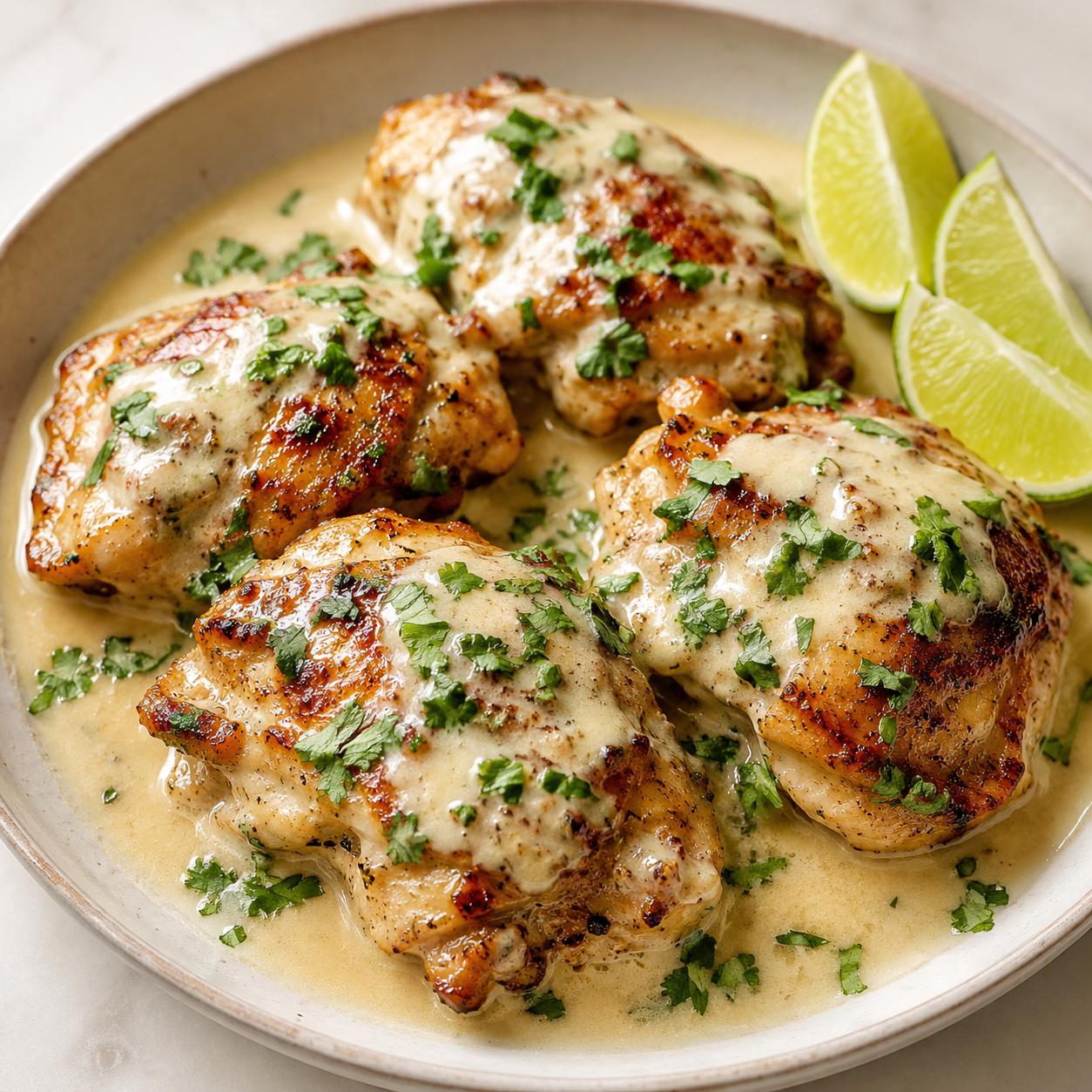 Easy Coconut Lime Chicken Thighs Ready in Under 30 Minutes! 1 Square recipe image of coconut lime chicken thighs with creamy sauce, cilantro, and lime wedges.