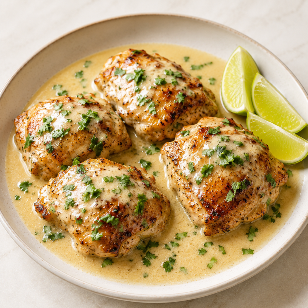 Finished Coconut Lime Chicken Thighs Finished coconut lime chicken thighs with golden seared edges, creamy coconut lime sauce, cilantro, and lime wedges.