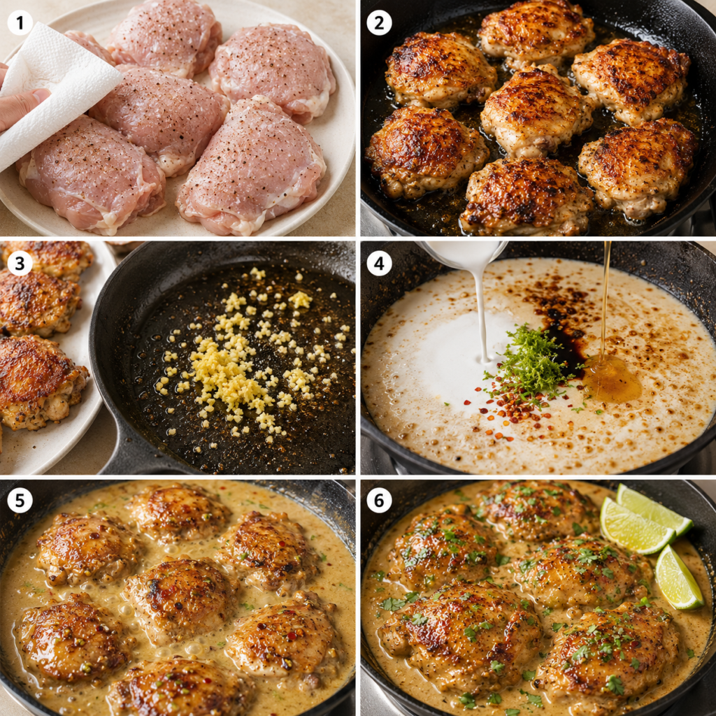How to Make Coconut Lime Chicken Thighs Six-step photo collage showing how to season, sear, make coconut lime sauce, simmer, finish, and garnish chicken thighs.