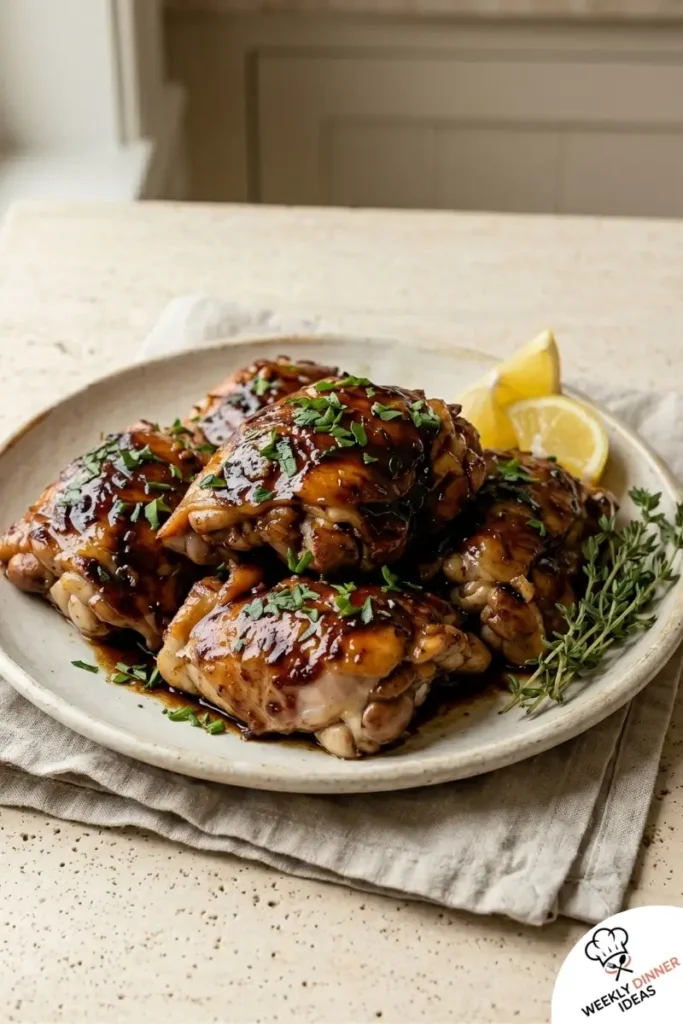 Final plated Balsamic Chicken Thighs with sticky glaze and caramelized edges