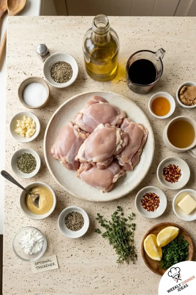 Ingredients for Balsamic Chicken Thighs including chicken thighs, balsamic vinegar, honey, garlic, broth, Dijon, thyme, parsley, and lemon