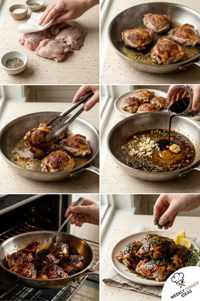 Step-by-step collage showing how to make Balsamic Chicken Thighs from seasoning and searing to glazing and serving