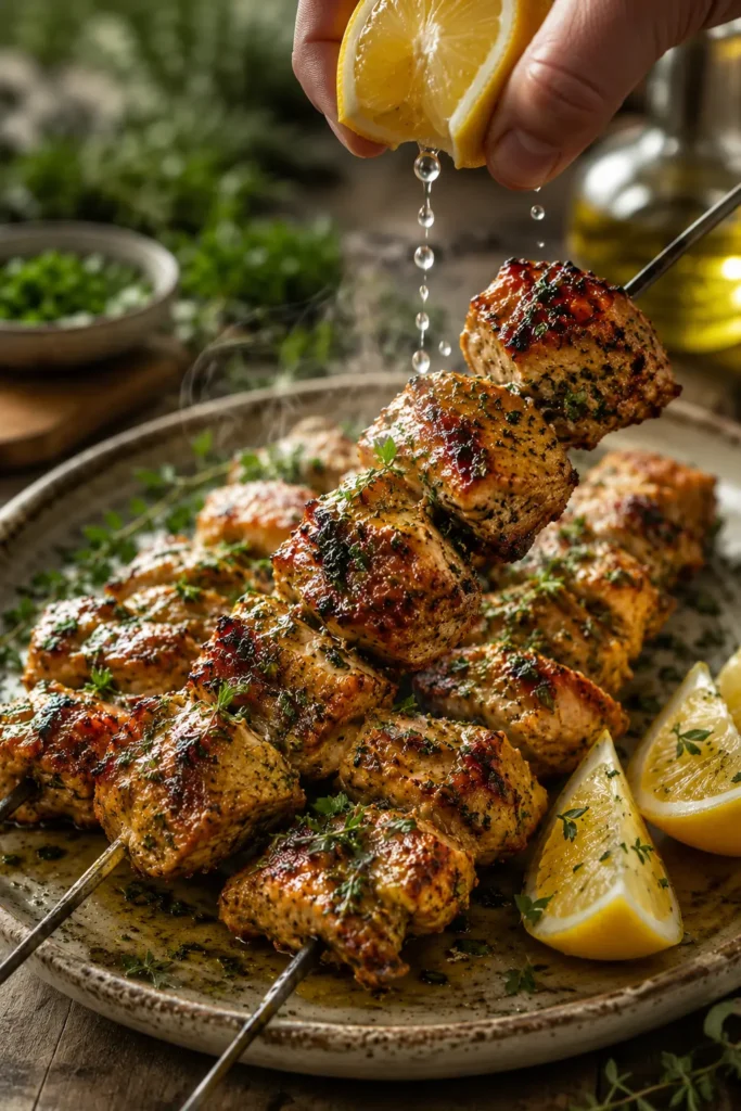 marinated-herb-garlic-chicken-skewers-final Close-up of Marinated Herb Garlic Chicken Skewers being lifted with lemon and fresh herbs.