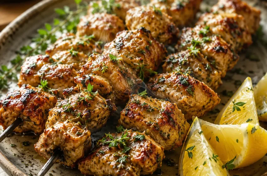 Marinated Herb Garlic Chicken Skewers with lemon wedges, fresh herbs, and lightly charred edges.