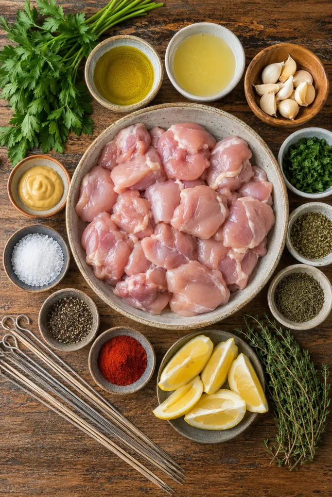 marinated-herb-garlic-chicken-skewers-ingredients Ingredients for Marinated Herb Garlic Chicken Skewers arranged on a rustic wooden table.