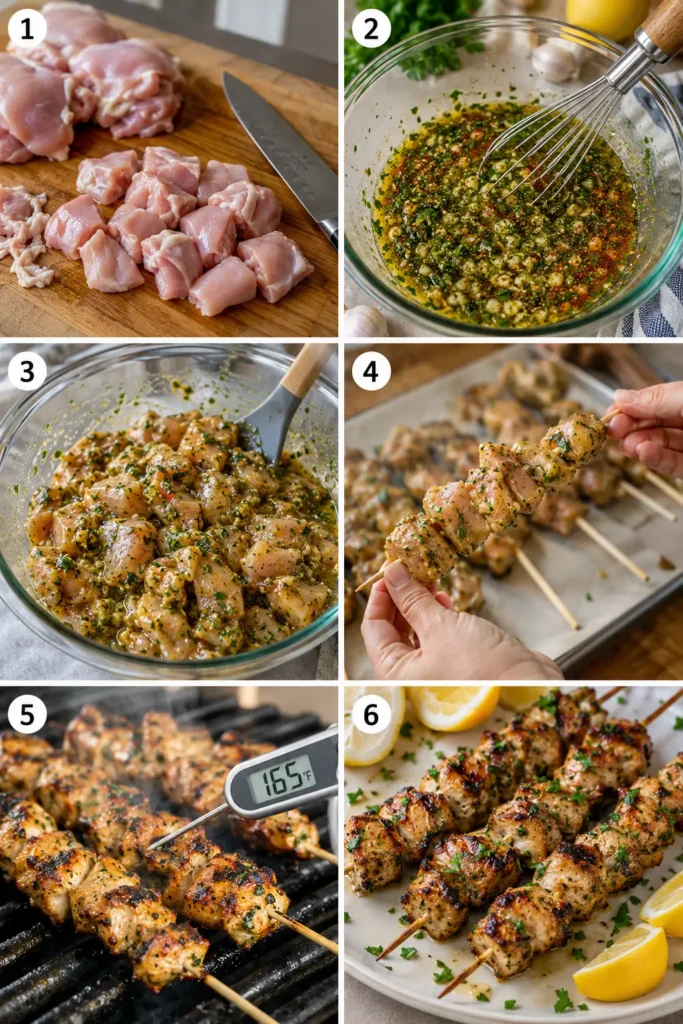 marinated-herb-garlic-chicken-skewers-steps Six-step collage showing how to prepare Marinated Herb Garlic Chicken Skewers.