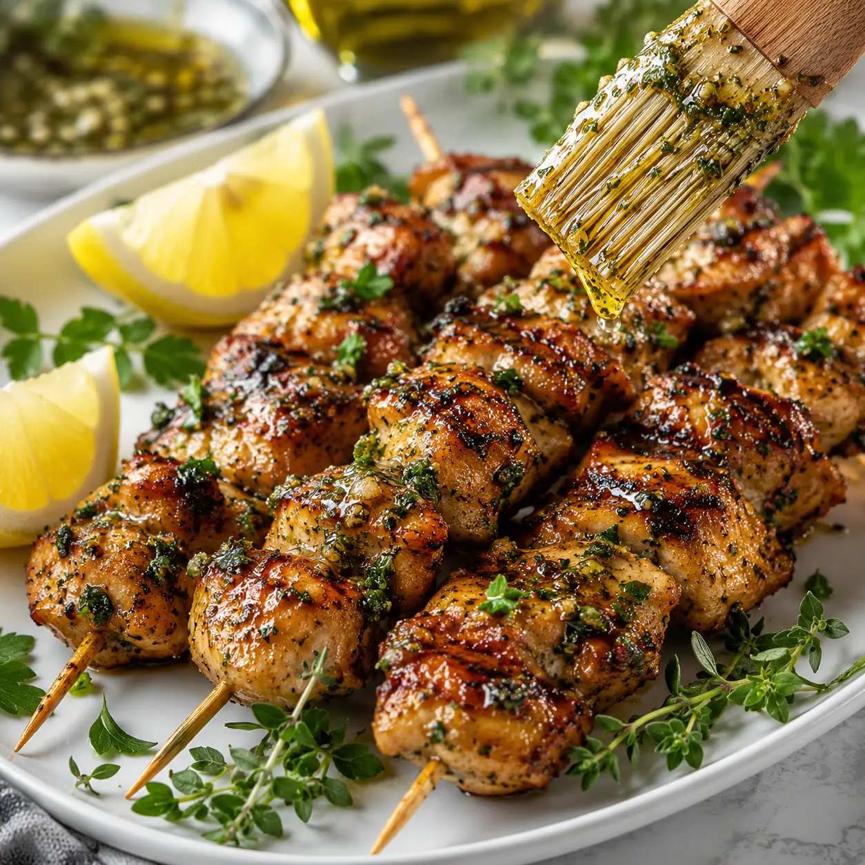 Easy Marinated Herb Garlic Chicken Skewers Ready in Under 30 Minutes 1 Marinated Herb Garlic Chicken Skewers arranged neatly for recipe card with lemon wedges and fresh herbs.