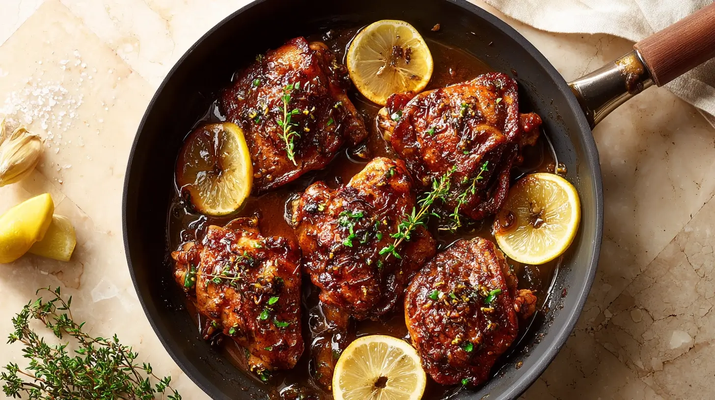 Square recipe image for Balsamic Chicken Thighs with glossy sweet-tangy balsamic glaze