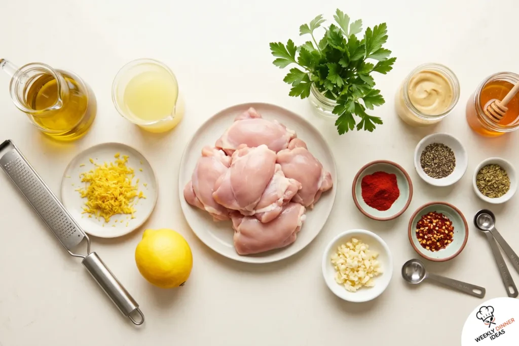 Ingredients for easy homemade marinated grilled chicken thighs including chicken, olive oil, lemon, garlic, Dijon, smoked paprika, herbs, honey, and spices.