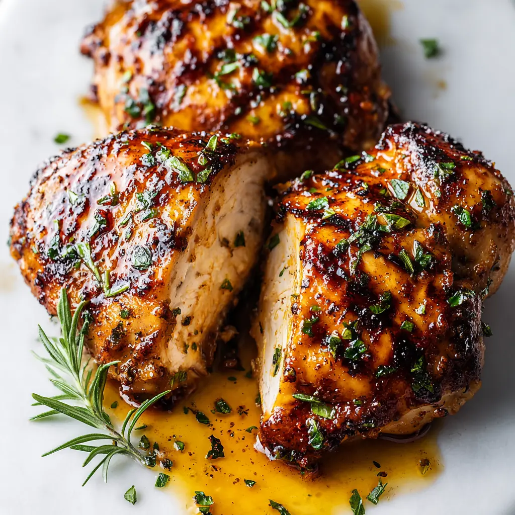 Square recipe image of easy homemade marinated grilled chicken thighs with golden skin, grill marks, and fresh herbs.