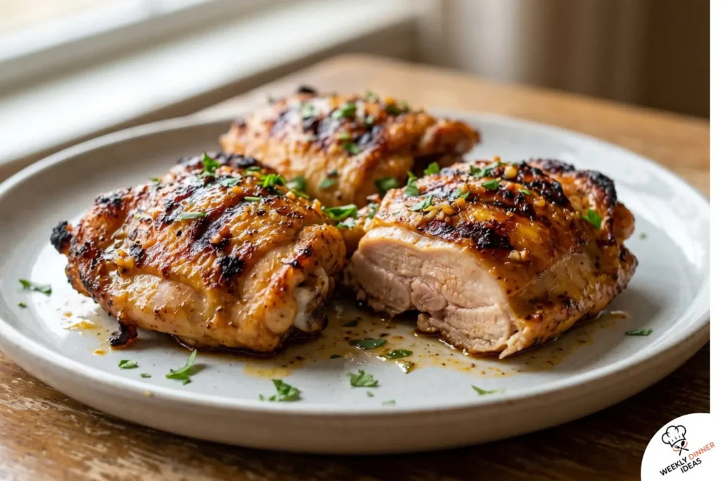 Finished homemade marinated grilled chicken thighs with golden crispy skin, smoky char, and fresh parsley or cilantro.
