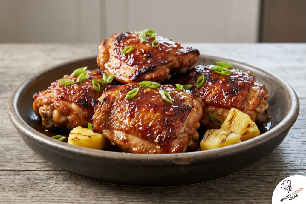 Finished Huli Huli chicken thighs with crispy skin, sticky pineapple soy glaze, green onions, and pineapple chunks.