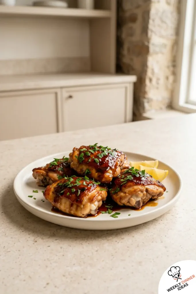 Finished Quick Brown Sugar Chicken Thighs Finished quick brown sugar chicken thighs with sticky glaze, caramelized edges, parsley or green onions, and lemon wedges.