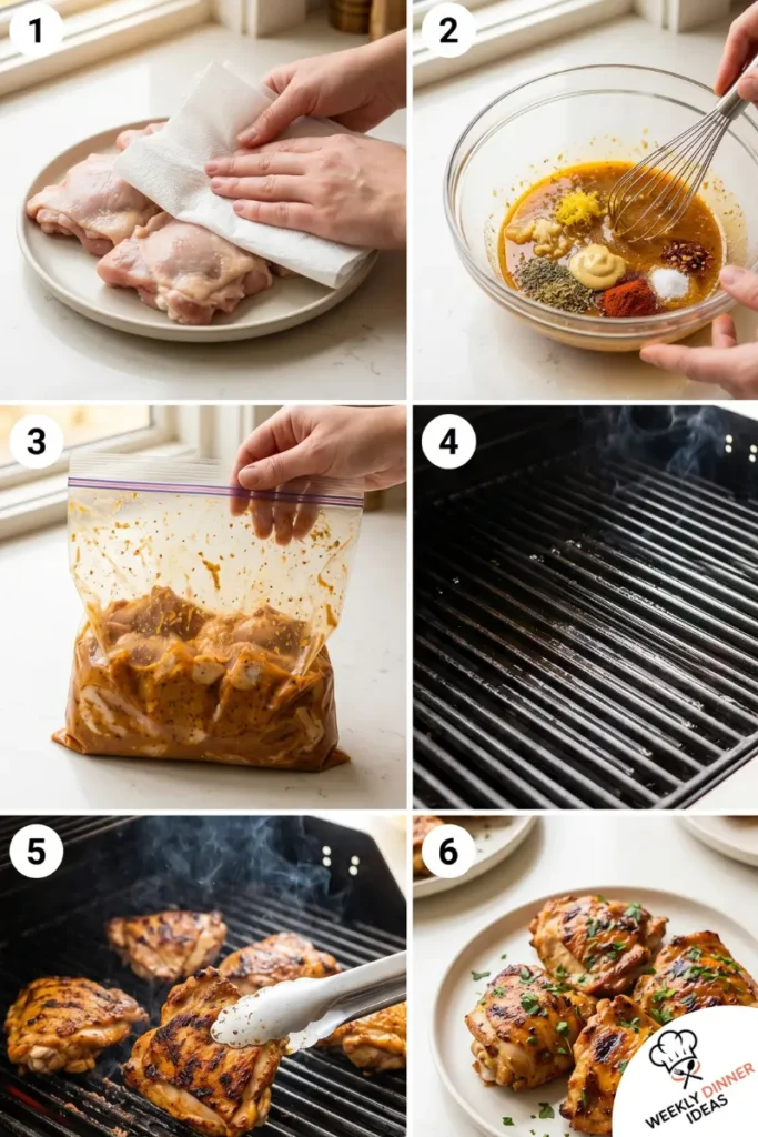 Six-step photo collage showing how to dry, marinate, grill, flip, rest, and garnish homemade marinated chicken thighs.