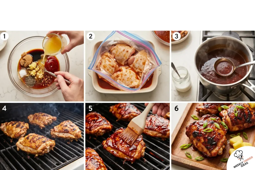 Six-step photo collage showing how to mix Huli Huli marinade, marinate chicken, reduce glaze, cook, baste, and finish chicken thighs.