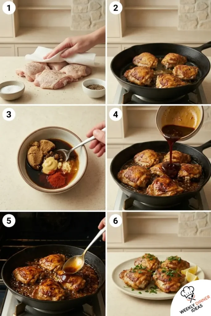 How to Make Quick Brown Sugar Chicken Thighs Six-step photo collage showing how to dry, sear, glaze, bake, baste, and finish quick brown sugar chicken thighs.