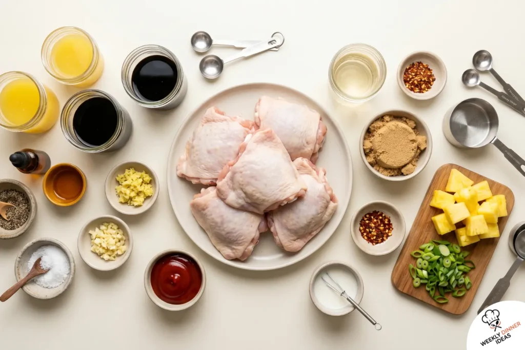Ingredients for Huli Huli chicken thighs including chicken thighs, pineapple juice, soy sauce, ketchup, brown sugar, ginger, garlic, vinegar, and green onions.