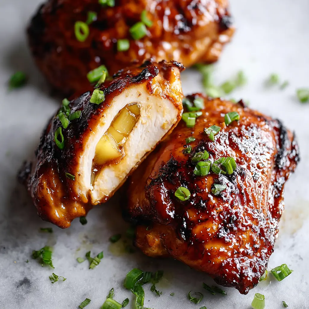 Square recipe image of Huli Huli chicken thighs with sticky pineapple glaze, crispy skin, green onions, and pineapple chunks.