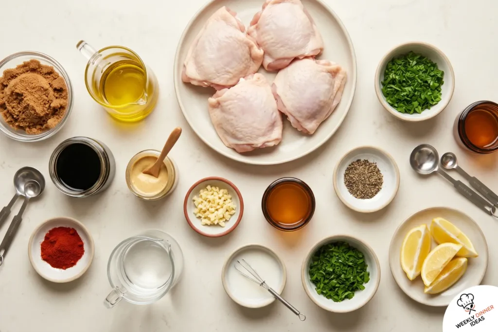 Quick Brown Sugar Chicken Thighs Ingredients Ingredients for quick brown sugar chicken thighs including chicken thighs, brown sugar, soy sauce, Dijon, garlic, vinegar, paprika, cornstarch, herbs, and lemon.