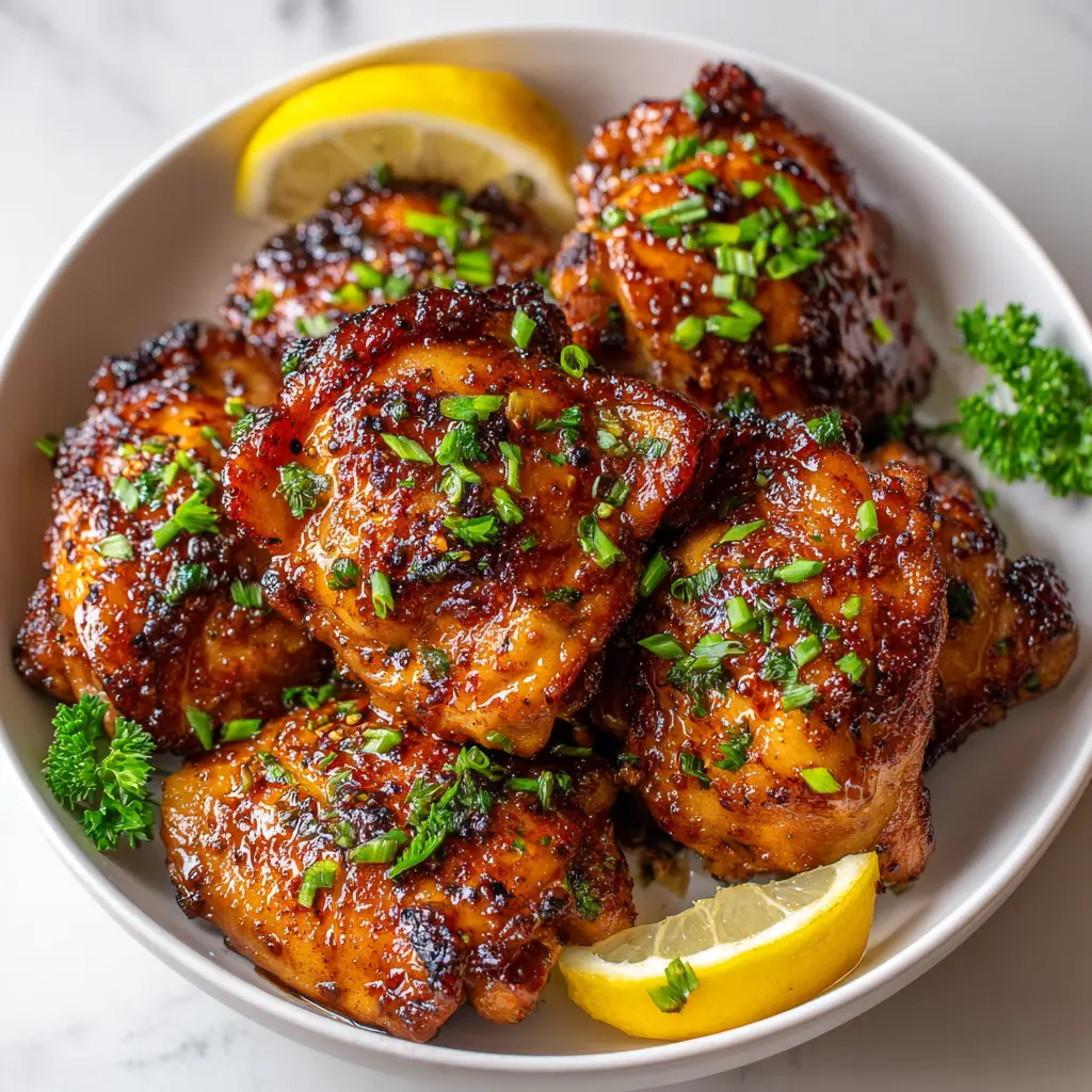 Discover the Ultimate Quick Brown Sugar Chicken Thighs Recipe! 1 Square recipe image of quick brown sugar chicken thighs with sticky glaze, fresh garnish, and lemon wedges.