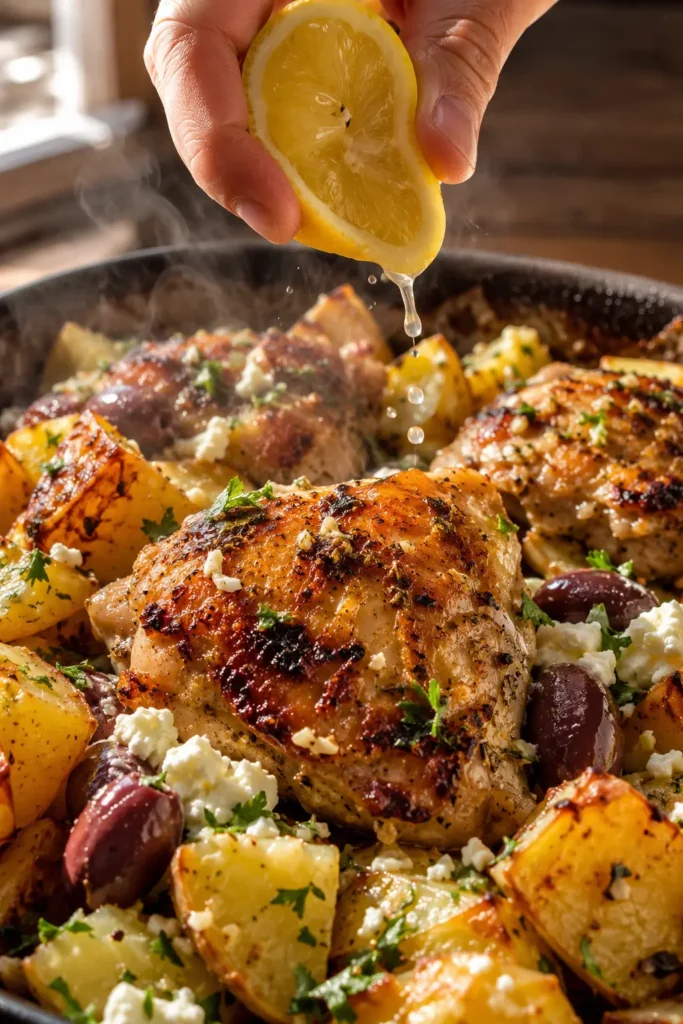 Close-up of Greek Lemon Chicken and Potato Bake with crispy chicken skin, golden potatoes, parsley, feta, olives, and lemon.