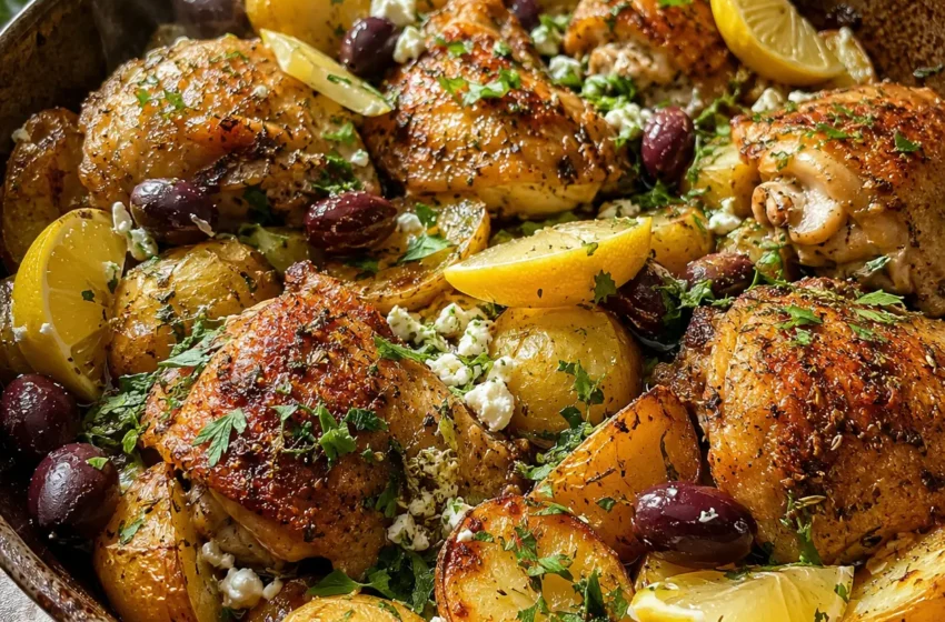 Greek Lemon Chicken and Potato Bake with crispy chicken thighs, golden potatoes, lemon wedges, parsley, Kalamata olives, and feta.