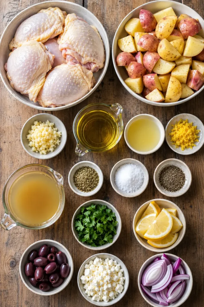 Ingredients for Greek Lemon Chicken and Potato Bake arranged on a rustic wooden kitchen table.
