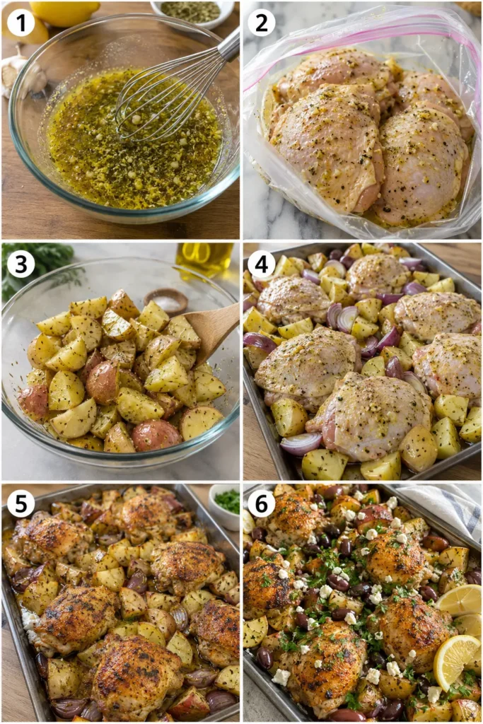 Six-step collage showing how to prepare Greek Lemon Chicken and Potato Bake.