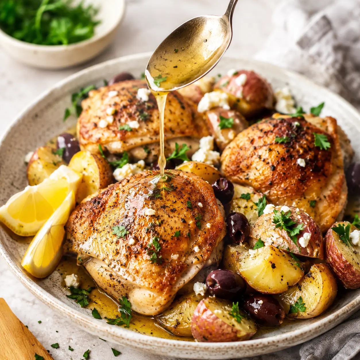 Greek Lemon Chicken and Potato Bake arranged neatly for recipe card with roasted potatoes, lemon wedges, parsley, olives, and feta.