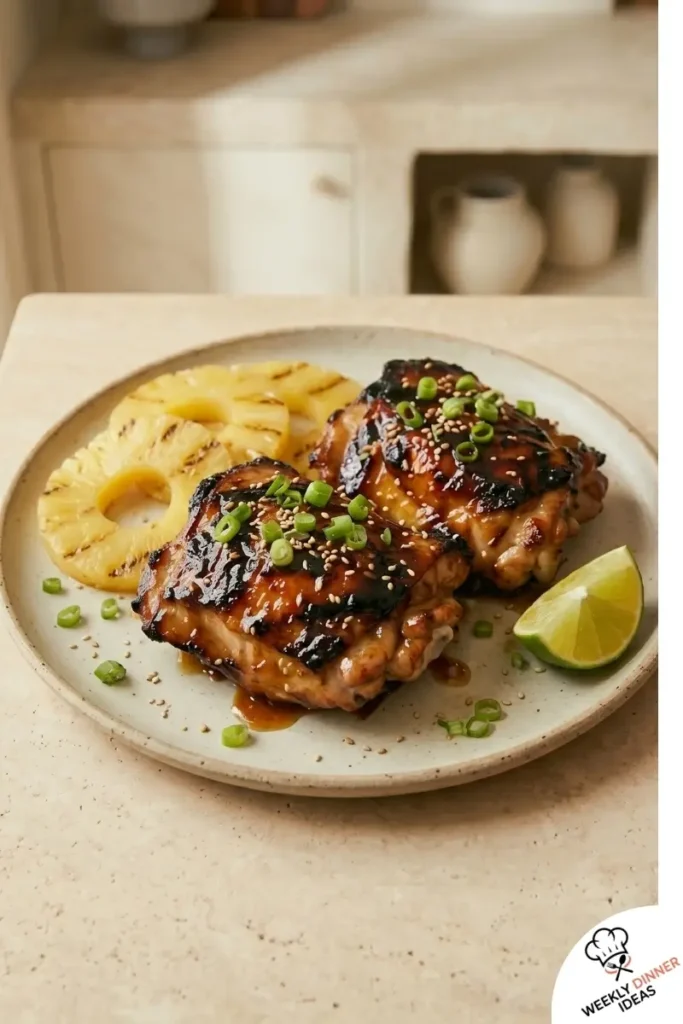 Final Hawaiian Chicken Thighs Final plated Hawaiian Chicken Thighs with sticky pineapple glaze and grilled pineapple