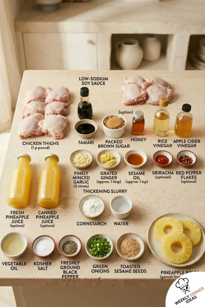 Hawaiian Chicken Thighs Ingredients Ingredients for Hawaiian Chicken Thighs including chicken thighs, pineapple juice, soy sauce, brown sugar, garlic, ginger, green onions, and sesame seeds