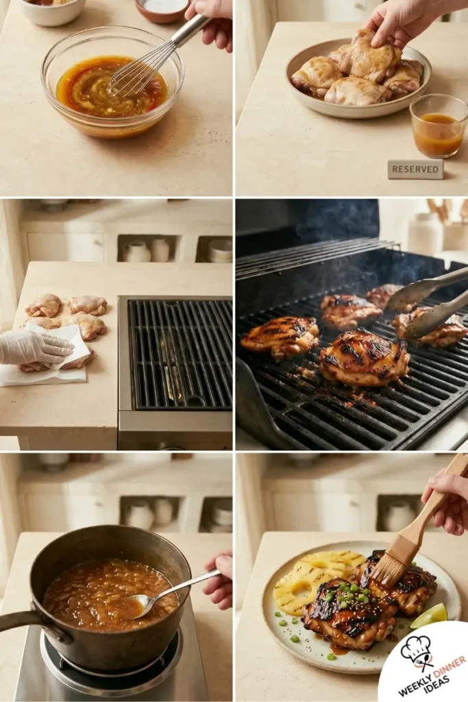 How to Make Hawaiian Chicken Thighs Step-by-step collage showing how to make Hawaiian Chicken Thighs from marinating to searing and glazing