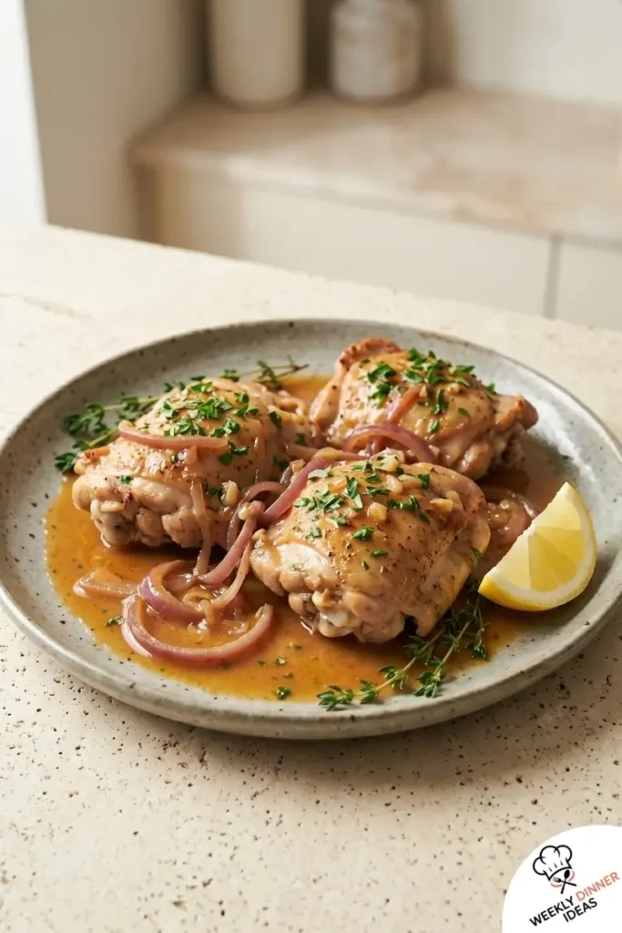 Final plated Instant Pot Chicken Thighs with onion sauce and parsley