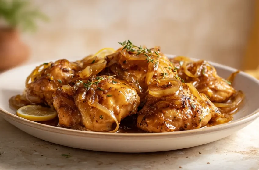 Instant Pot Chicken Thighs with tender chicken, onion pan sauce, and parsley